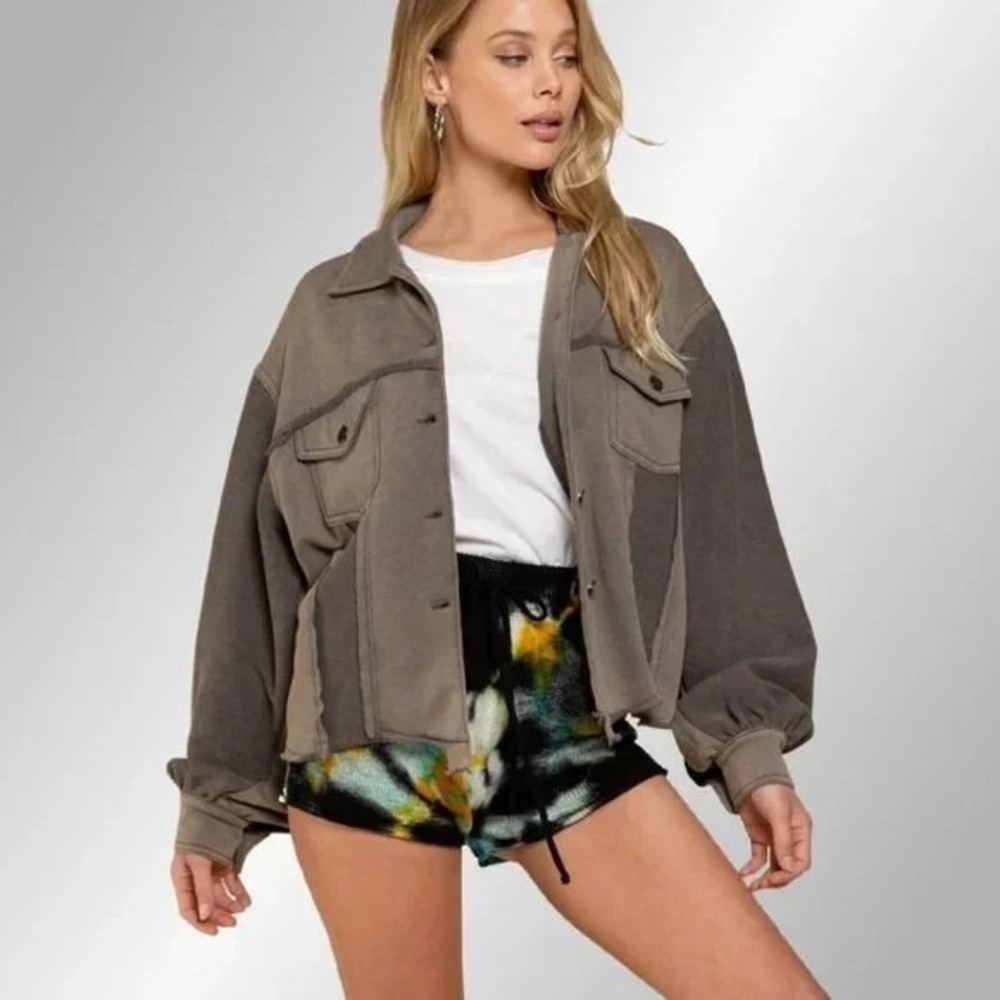 POL Ash Charcoal Boho Shirt Jacket Shacket Sz S Mixed French Terry Fabrication